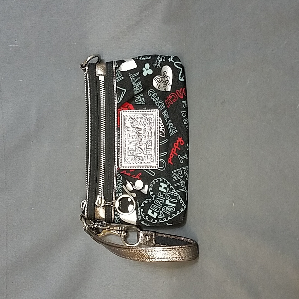 Coach Black Multicolor Graphic Wristlet with Metallic Wrist Strap